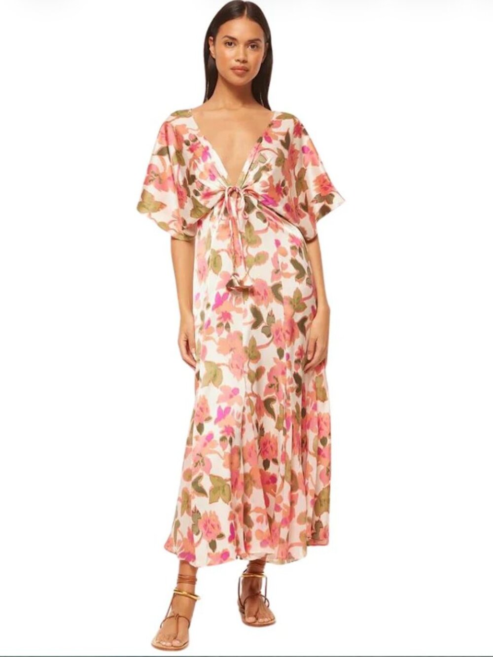 MISA Los Angeles Satin Irena Dress - Flowy Midi Floral Print